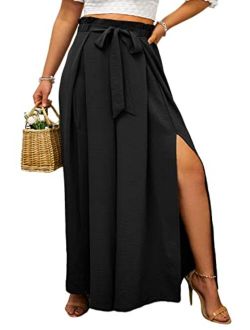 Simplee Apparel Simplee Women's Elegant Striped Split High Waisted Belted Flowy Wide Leg Pants