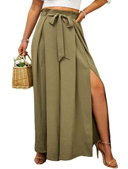 Simplee Apparel Simplee Women's Elegant Striped Split High Waisted Belted Flowy Wide Leg Pants