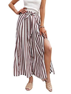 Simplee Apparel Simplee Women's Elegant Striped Split High Waisted Belted Flowy Wide Leg Pants