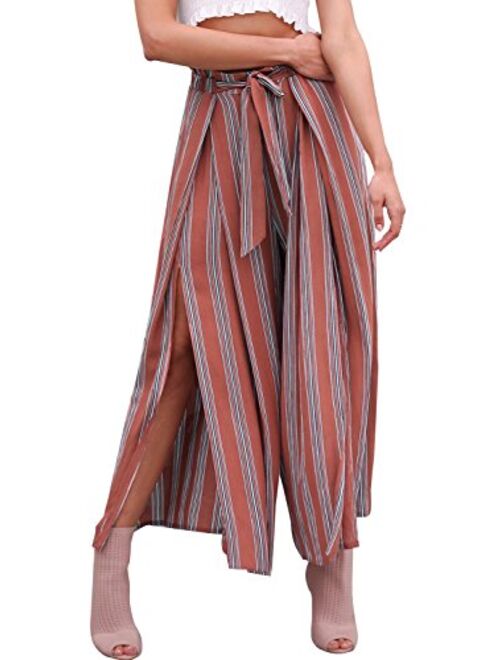 Simplee Apparel Simplee Women's Elegant Striped Split High Waisted Belted Flowy Wide Leg Pants