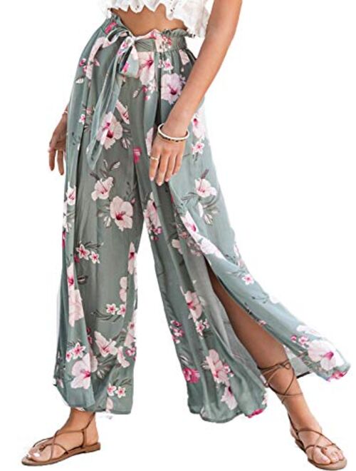 Simplee Apparel Simplee Women's Elegant Striped Split High Waisted Belted Flowy Wide Leg Pants