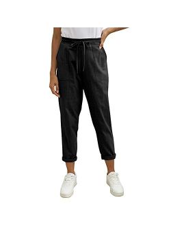 Puimentiua Womens Tapered Pants Cotton Linen Drawstring Back Elastic Waist Pants Casual Trousers with Pockets