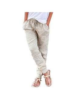 Puimentiua Womens Tapered Pants Cotton Linen Drawstring Back Elastic Waist Pants Casual Trousers with Pockets