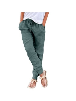 Puimentiua Womens Tapered Pants Cotton Linen Drawstring Back Elastic Waist Pants Casual Trousers with Pockets