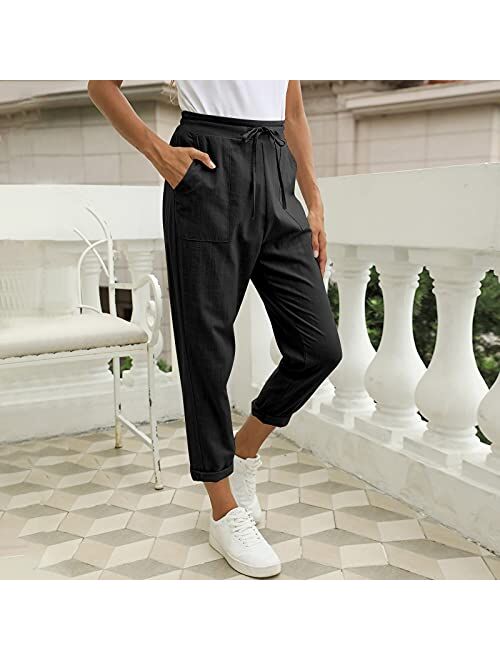 Puimentiua Womens Tapered Pants Cotton Linen Drawstring Back Elastic Waist Pants Casual Trousers with Pockets