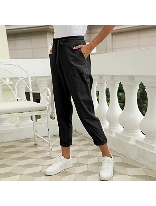 Puimentiua Womens Tapered Pants Cotton Linen Drawstring Back Elastic Waist Pants Casual Trousers with Pockets