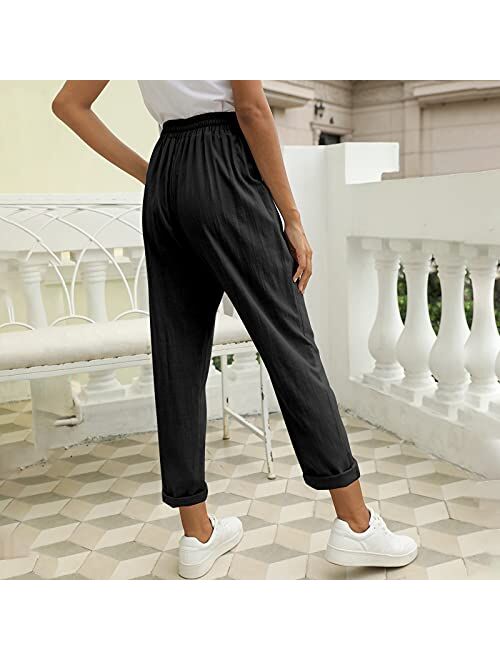 Puimentiua Womens Tapered Pants Cotton Linen Drawstring Back Elastic Waist Pants Casual Trousers with Pockets