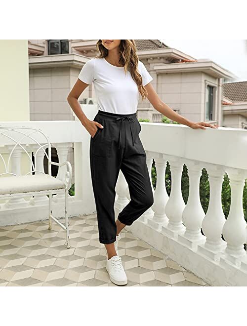 Puimentiua Womens Tapered Pants Cotton Linen Drawstring Back Elastic Waist Pants Casual Trousers with Pockets