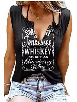 Sunflylig Smooth As Tennessee Whiskey Sweet As Strawberry Wine Shirt Ring Hole Sleeveless V-Neck Tank Top Womens Country Music Tee
