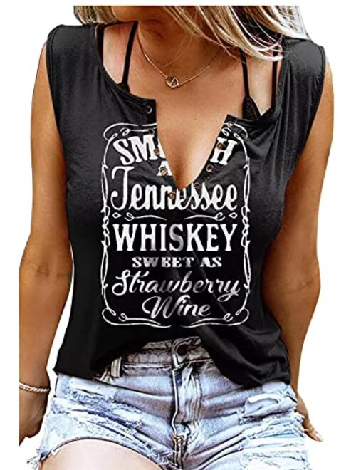 Sunflylig Smooth As Tennessee Whiskey Sweet As Strawberry Wine Shirt Ring Hole Sleeveless V-Neck Tank Top Womens Country Music Tee