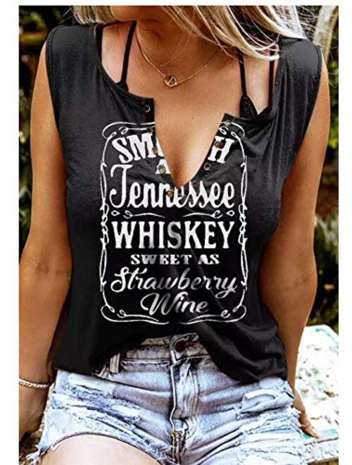 Sunflylig Smooth As Tennessee Whiskey Sweet As Strawberry Wine Shirt Ring Hole Sleeveless V-Neck Tank Top Womens Country Music Tee