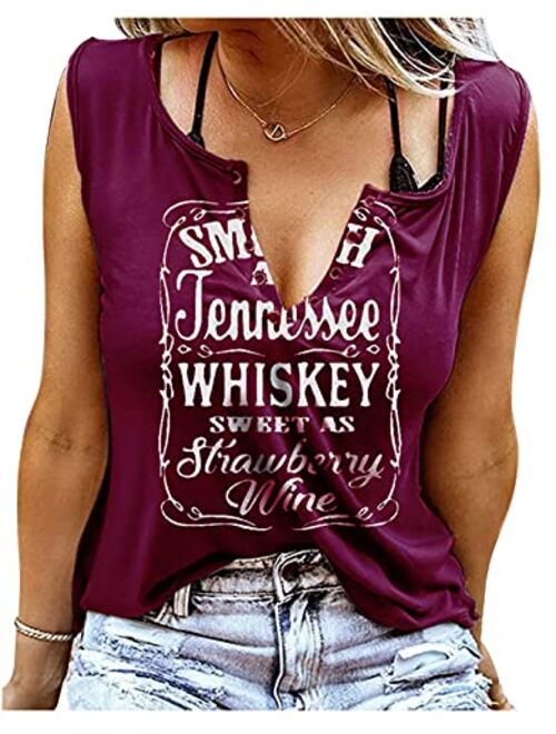 Sunflylig Smooth As Tennessee Whiskey Sweet As Strawberry Wine Shirt Ring Hole Sleeveless V-Neck Tank Top Womens Country Music Tee