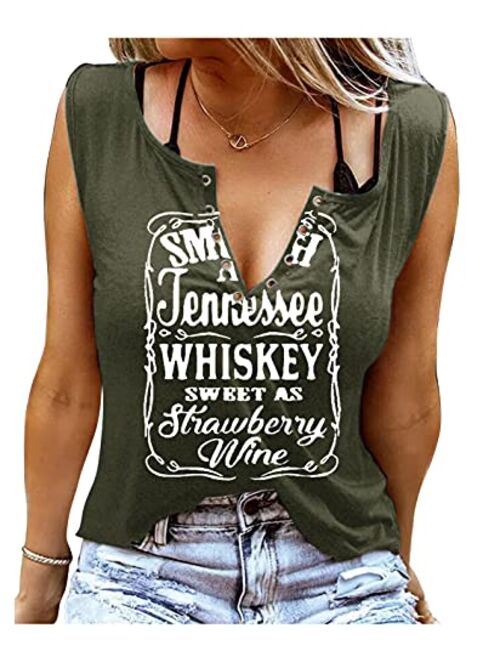 Sunflylig Smooth As Tennessee Whiskey Sweet As Strawberry Wine Shirt Ring Hole Sleeveless V-Neck Tank Top Womens Country Music Tee