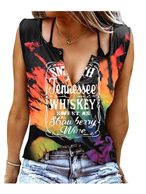 Sunflylig Smooth As Tennessee Whiskey Sweet As Strawberry Wine Shirt Ring Hole Sleeveless V-Neck Tank Top Womens Country Music Tee