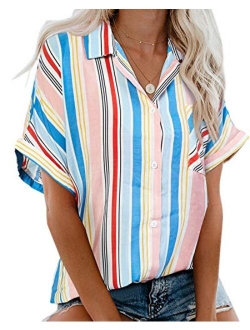 Beautife Womens Short Sleeve Shirts V Neck Collared Button Down Shirt Tops with Pockets