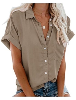 Beautife Womens Short Sleeve Shirts V Neck Collared Button Down Shirt Tops with Pockets