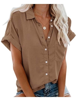 Beautife Womens Short Sleeve Shirts V Neck Collared Button Down Shirt Tops with Pockets