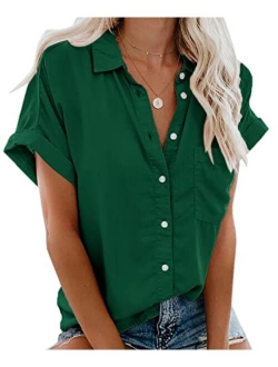 Beautife Womens Short Sleeve Shirts V Neck Collared Button Down Shirt Tops with Pockets