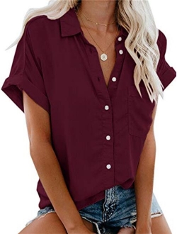 Beautife Womens Short Sleeve Shirts V Neck Collared Button Down Shirt Tops with Pockets