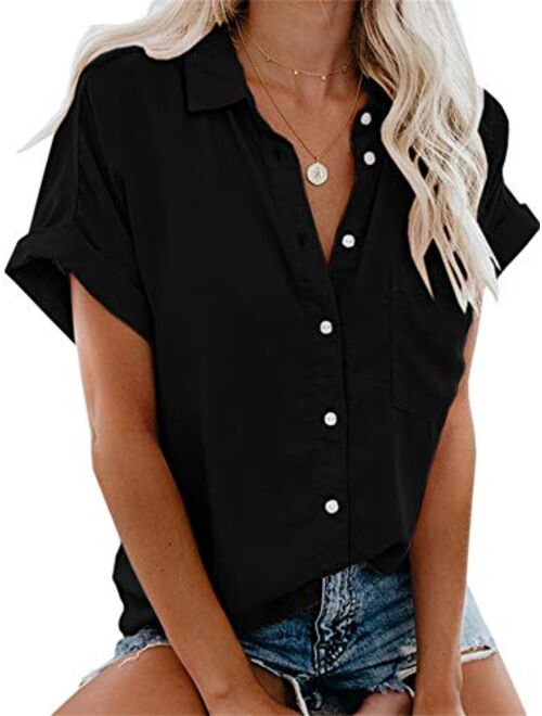 Beautife Womens Short Sleeve Shirts V Neck Collared Button Down Shirt Tops with Pockets