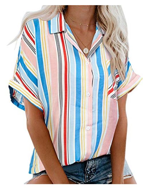 Beautife Womens Short Sleeve Shirts V Neck Collared Button Down Shirt Tops with Pockets