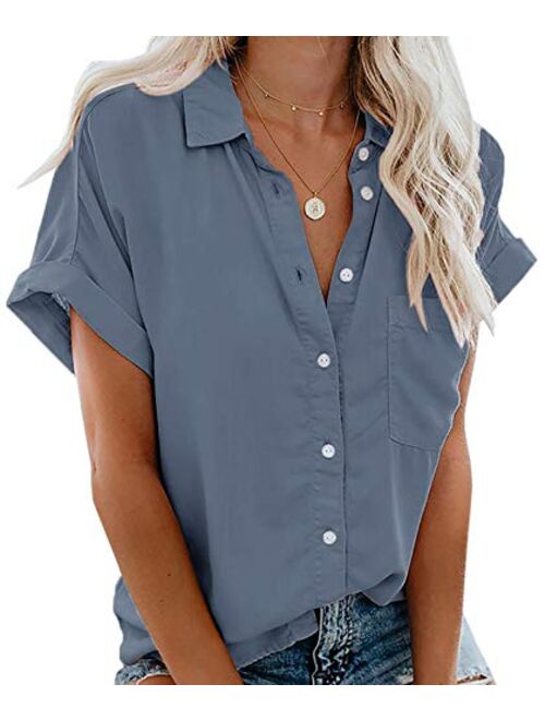 Beautife Womens Short Sleeve Shirts V Neck Collared Button Down Shirt Tops with Pockets