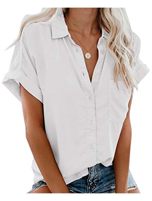 Beautife Womens Short Sleeve Shirts V Neck Collared Button Down Shirt Tops with Pockets