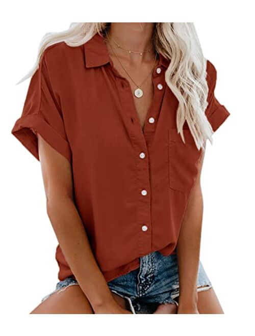 Beautife Womens Short Sleeve Shirts V Neck Collared Button Down Shirt Tops with Pockets