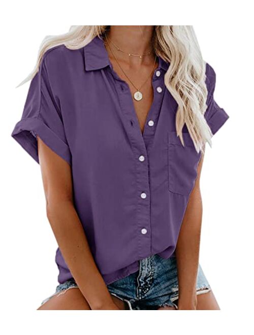 Beautife Womens Short Sleeve Shirts V Neck Collared Button Down Shirt Tops with Pockets