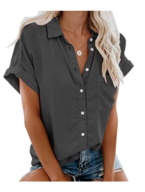 Beautife Womens Short Sleeve Shirts V Neck Collared Button Down Shirt Tops with Pockets