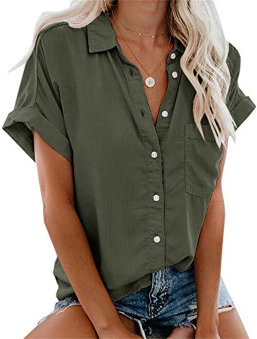 Beautife Womens Short Sleeve Shirts V Neck Collared Button Down Shirt Tops with Pockets