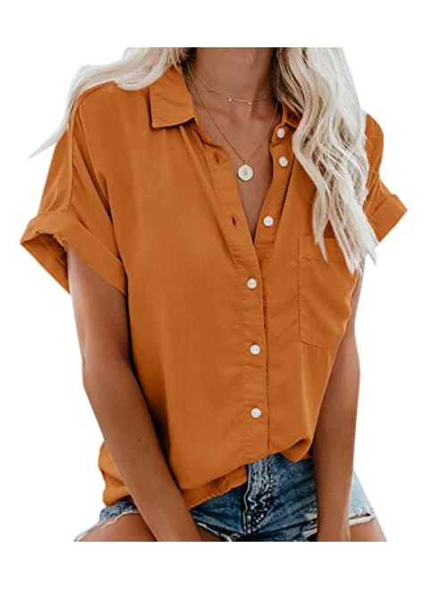 Beautife Womens Short Sleeve Shirts V Neck Collared Button Down Shirt Tops with Pockets