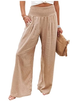 Bozanly Women's Lounge High Waist Cotton Linen Wide Leg Palazzo Comfy Flowy Pants with Pockets