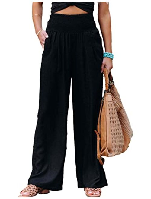 Bozanly Women's Lounge High Waist Cotton Linen Wide Leg Palazzo Comfy Flowy Pants with Pockets