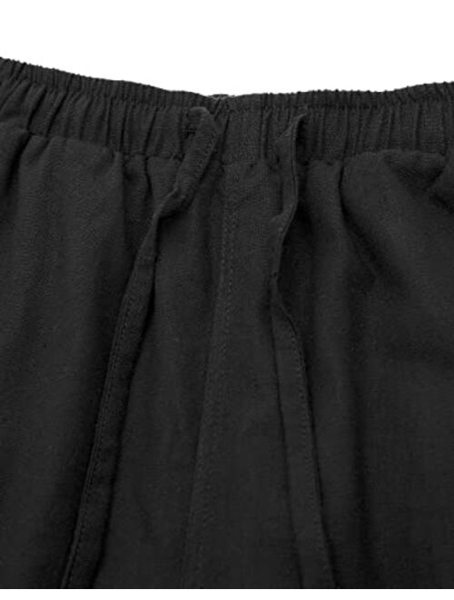 Bonnorth Women's Cotton Linen Drawstring Elastic Waist Loose Wide Leg Cropped Pants with Pockets