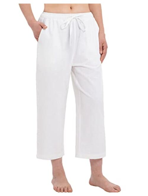 Bonnorth Women's Cotton Linen Drawstring Elastic Waist Loose Wide Leg Cropped Pants with Pockets