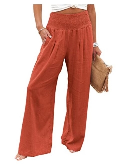 Yanekop Women Casual Wide Leg Palazzo Lounge Pants High Waist Smocked Trousers with Pockets