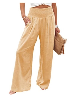 Yanekop Women Casual Wide Leg Palazzo Lounge Pants High Waist Smocked Trousers with Pockets