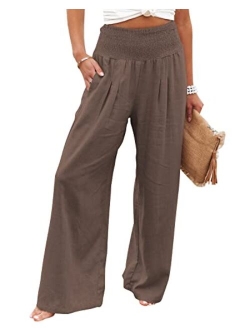 Yanekop Women Casual Wide Leg Palazzo Lounge Pants High Waist Smocked Trousers with Pockets