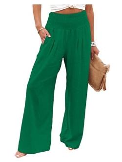 Yanekop Women Casual Wide Leg Palazzo Lounge Pants High Waist Smocked Trousers with Pockets