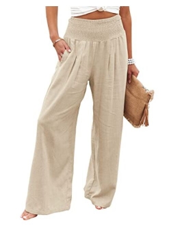 Yanekop Women Casual Wide Leg Palazzo Lounge Pants High Waist Smocked Trousers with Pockets