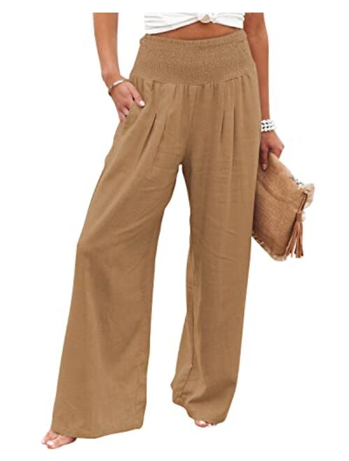 Yanekop Women Casual Wide Leg Palazzo Lounge Pants High Waist Smocked Trousers with Pockets