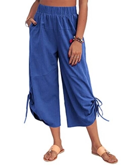 Lanliun Women Linen Shift Harem Pants Casual Summer Loose Comfy Drawstring Wide Leg Crop Trousers with Pockets