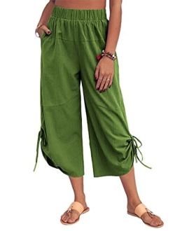 Lanliun Women Linen Shift Harem Pants Casual Summer Loose Comfy Drawstring Wide Leg Crop Trousers with Pockets