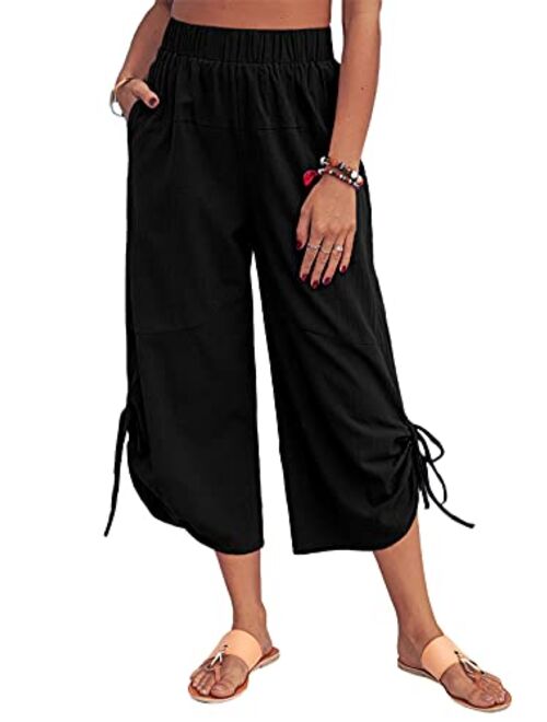 Lanliun Women Linen Shift Harem Pants Casual Summer Loose Comfy Drawstring Wide Leg Crop Trousers with Pockets