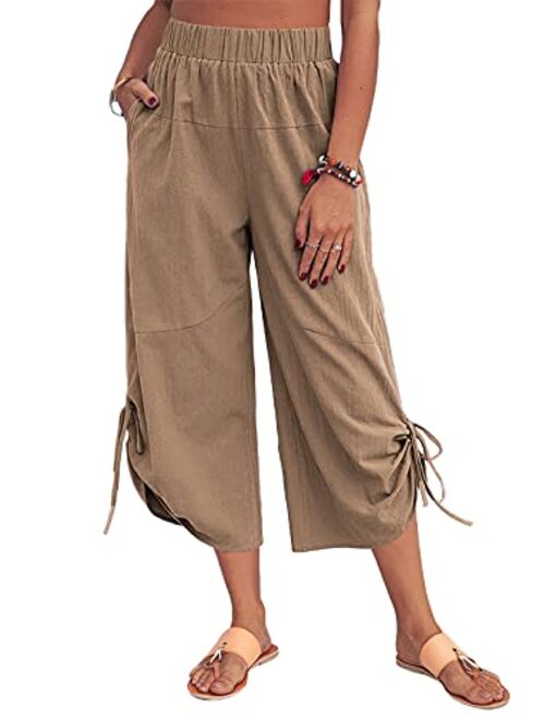 Lanliun Women Linen Shift Harem Pants Casual Summer Loose Comfy Drawstring Wide Leg Crop Trousers with Pockets