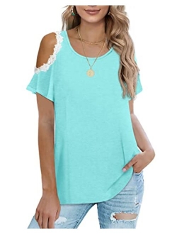 Sousuoty Cold Shoulder Tops for Women Casual Summer Shirts Cute Lace Blouses