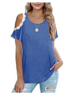 Sousuoty Cold Shoulder Tops for Women Casual Summer Shirts Cute Lace Blouses