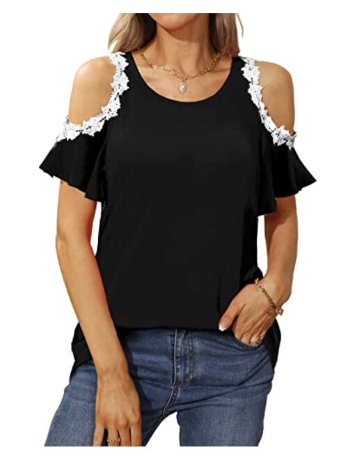 Sousuoty Cold Shoulder Tops for Women Casual Summer Shirts Cute Lace Blouses