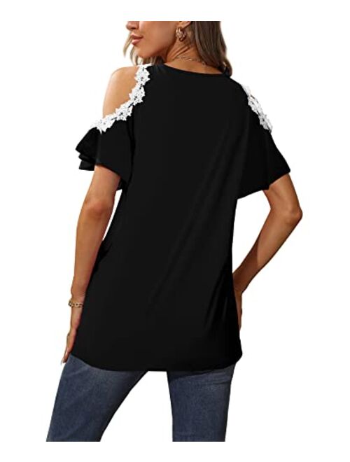 Sousuoty Cold Shoulder Tops for Women Casual Summer Shirts Cute Lace Blouses